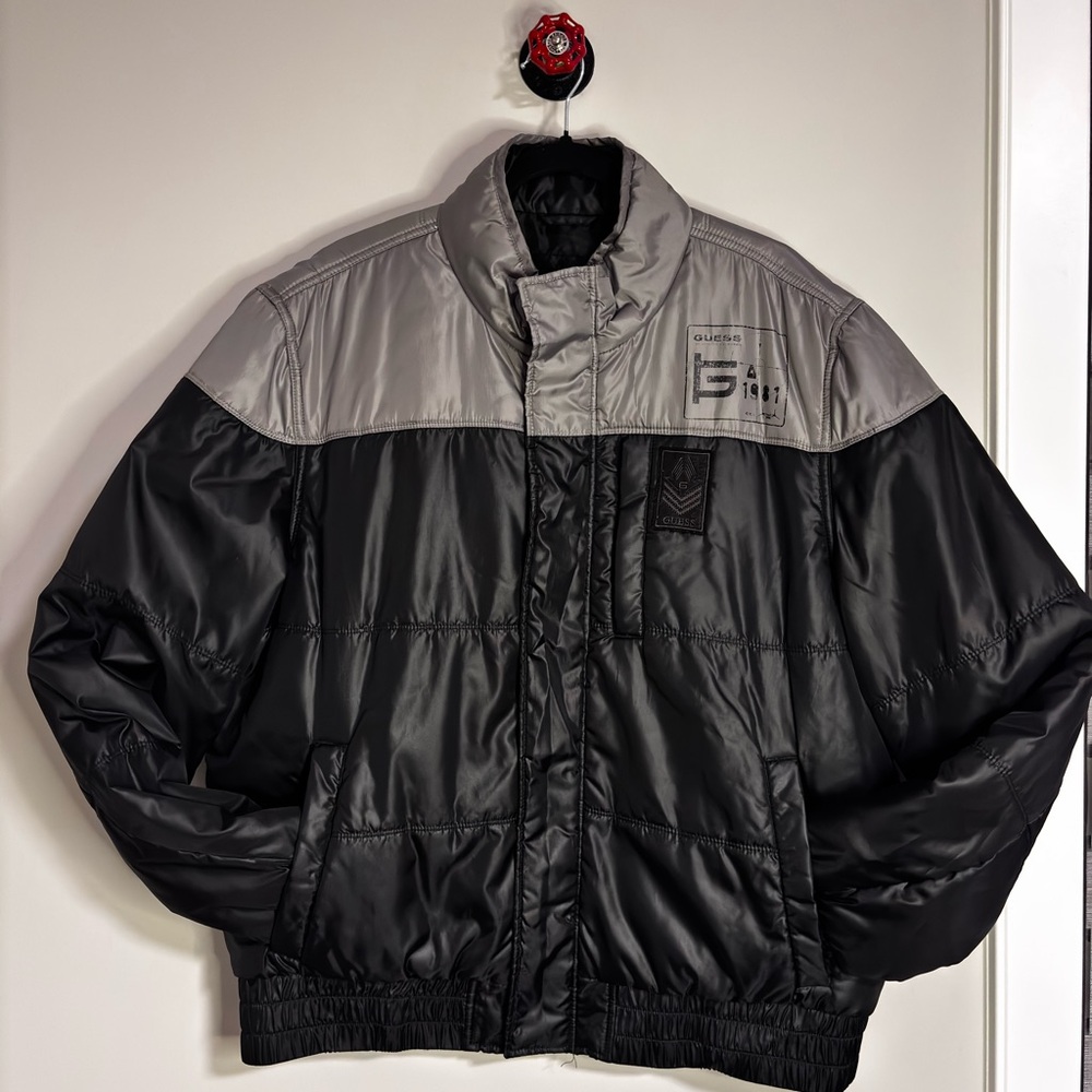 Guess Men's Black and Gray Two-Tone Puffer Jacket